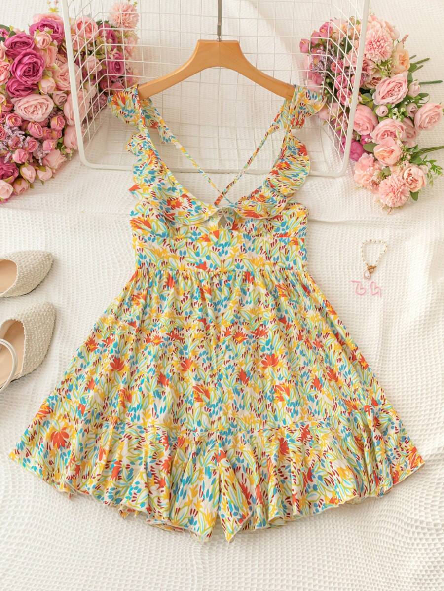 Soleia Women's Vacation Casual Full Print Ruffle Trim Backless Cross Strap Romper - Multicolor - View 1