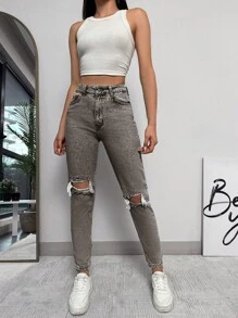 SHEIN Cottnline Slim Fit Denim Jeans With Ripped Details And Slanted Pockets - Light Grey - View 4