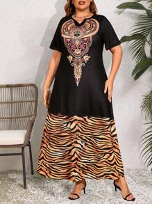 Mulvari Plus Size Women's Tiger Pattern Patchwork Short Sleeve Arabic Clothing