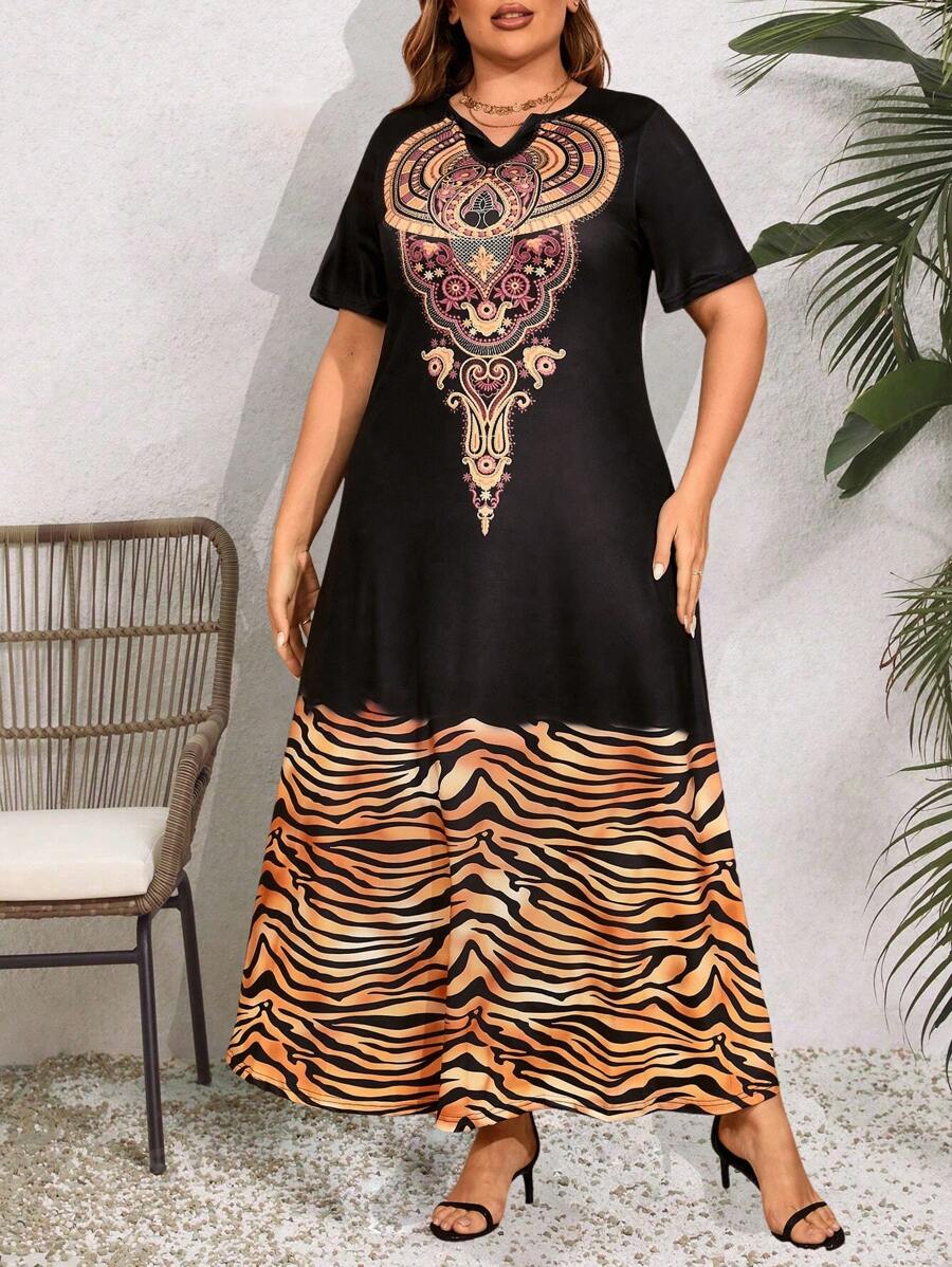 Mulvari Plus Size Women's Tiger Pattern Patchwork Short Sleeve Arabic Clothing