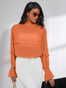 GENKIRA Camisa de manga larga con cuello alto y decorada con ribete fruncido para la primavera - Naranja - Ver 4