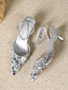 Women High Heel Pointed Toe Sequin Covered Toe Shoes - Silver - View 6