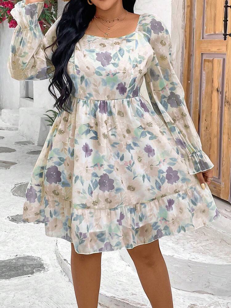 Plus Size Vacation Floral Print Ruffled Dress