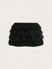 SHEIN ICON 純色蕾絲邊夏季短褲 - 黑色 - 查看 2