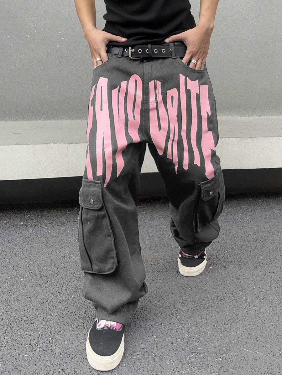 Manfinity EMRG Loose And Simple Men Letter Printed Cargo Denim Pants, Men Graphic Baggy Jeans, Men Graphic Pants, Men Streetwear Pants, Hip Hop Pants - Dark Grey - View 1