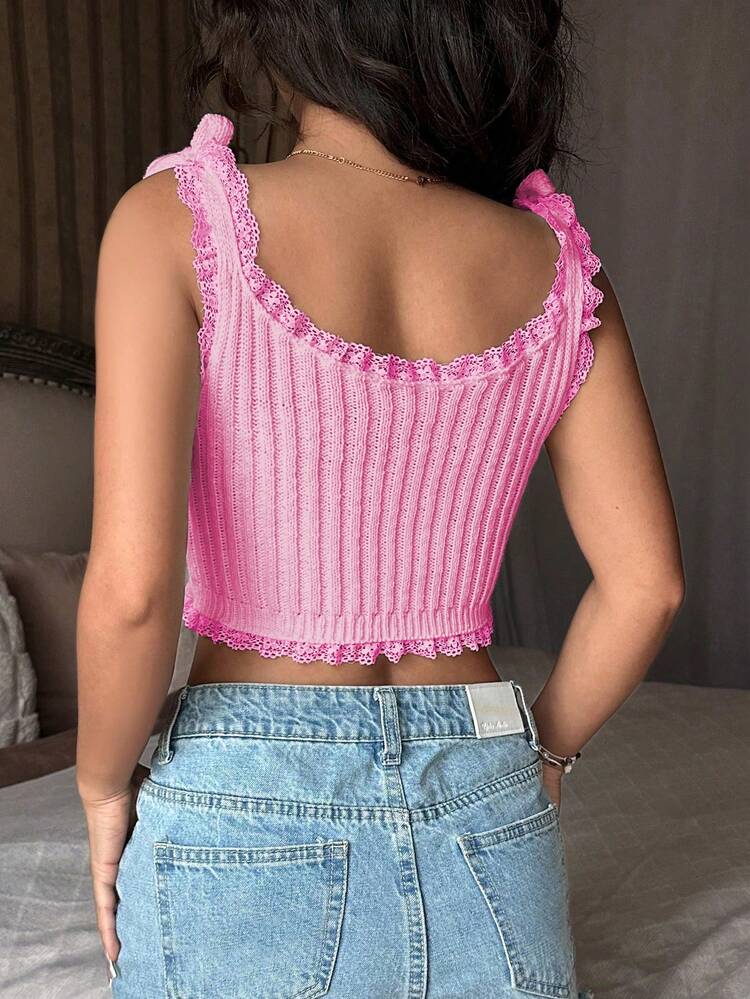 Lace Spliced Shoulder Straps Tight Cropped Summer Season Fashionable Ribbed Knit Top