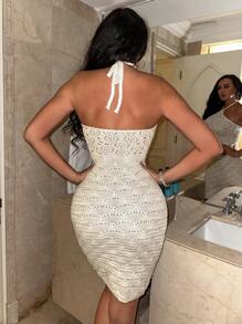 Zolique Women Knitted Sweater Solid Color Belted Midi Dress - White - View 2