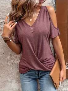 Women's Fashionable Open Shoulder V-Neck Casual Spring/Summer Top - Red Violet - View 4