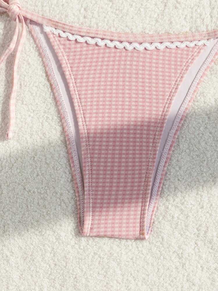 Summer Beach Gingham Print Halter Triangle Cup Bikini Set