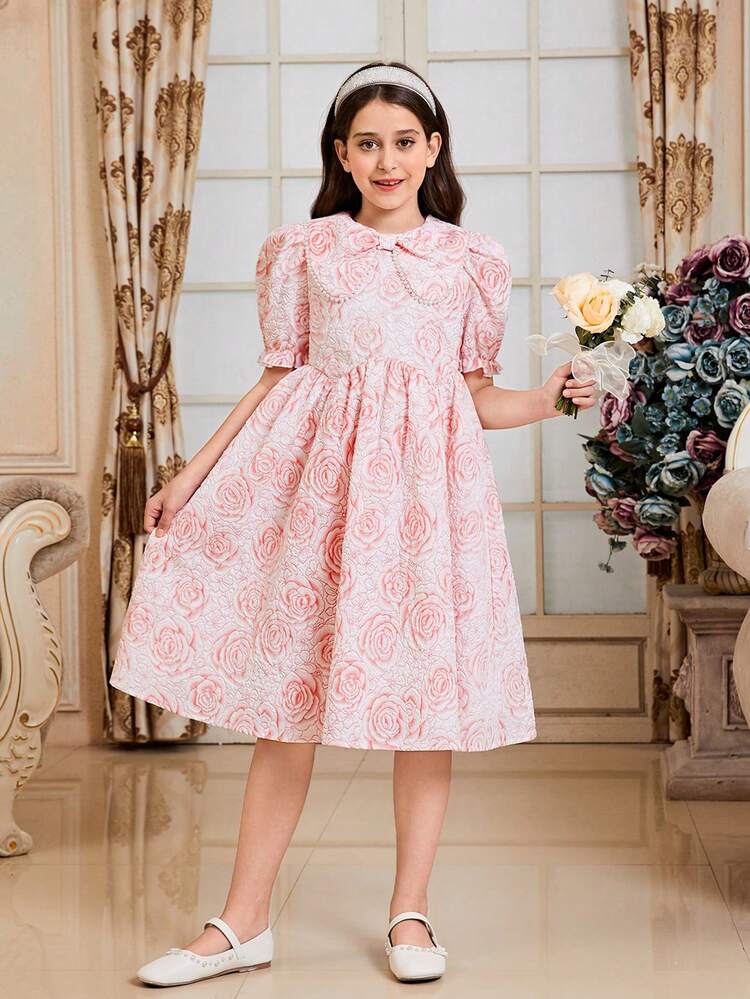 Tween Girls' Casual Floral Pattern Dress With Large Collar For Summer