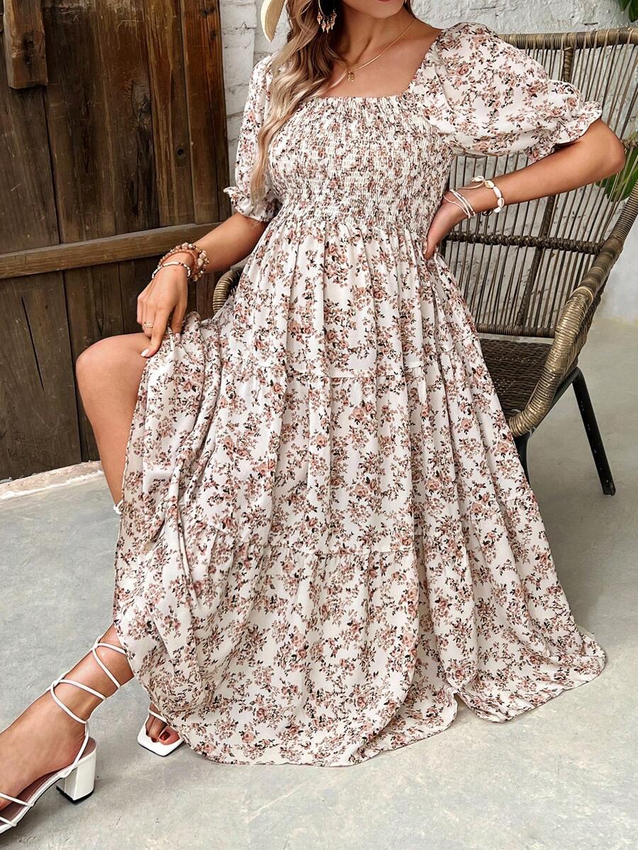 SHEIN Maternity Floral Print Puff Sleeve Ruffle Hem Dress With Front Tie - Apricot - View 1