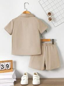 SHEIN Young Boy Solid Color Short Sleeve Shirt And Shorts Gentlemen Suit - Khaki - View 2