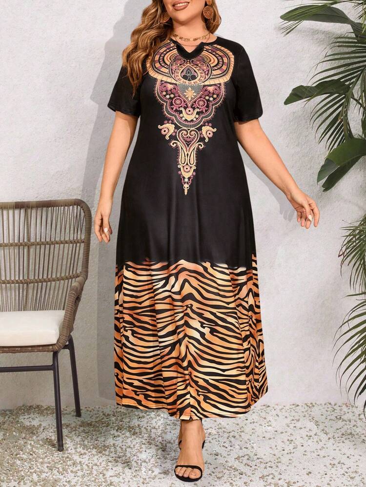 Plus Size Women's Tiger Pattern Patchwork Short Sleeve Arabic Clothing