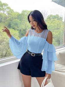 GENKIRA Camisa de manga larga con volantes en dobladillo y en unicolor - Azul - Ver 5