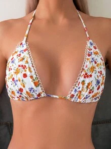 Swim Mod Summer Women's Small Flower Print Halter Bikini Set With Random Flower Pattern
