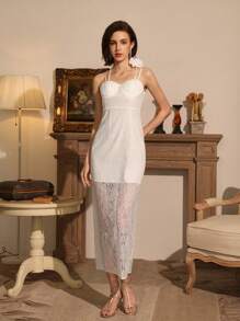 Chiquease 3D Floral Decor Cinching Waist Lace Split Elegant Dress - White - View 1