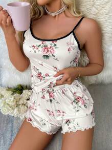 Women Floral Print Spaghetti Strap Cami Top And Lace Decoration Shorts Pajama Set White Set - White - View 5