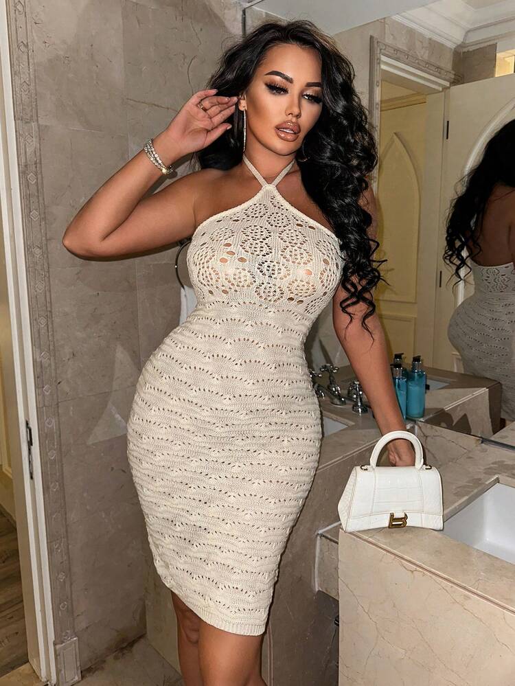 Women Knitted Sweater Solid Color Belted Midi Dress