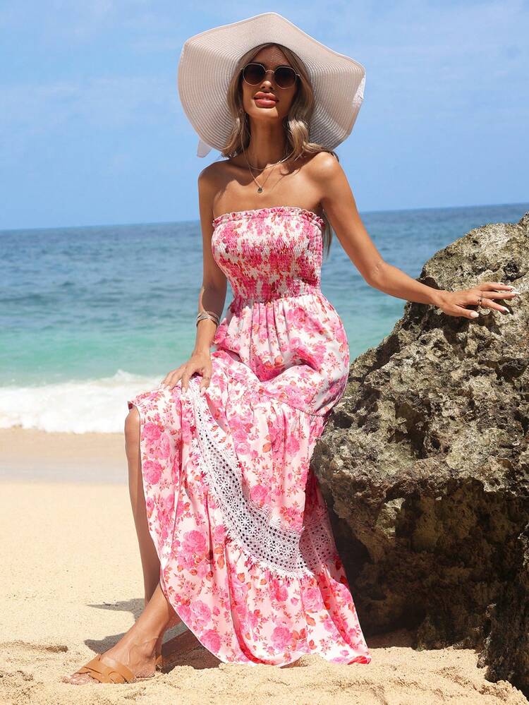 Women's Summer Vacation Floral Print & Lace Paneling Long Bandeau Dress With High-Low Hem