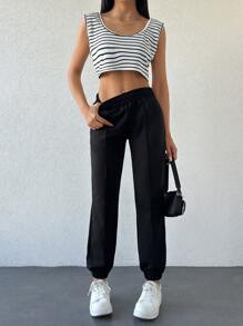 EURMUSE Women Stripe Detailed Top And Sweatpant - Black and White - View 3