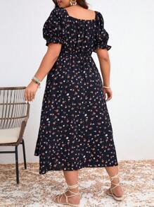 SHEIN Frenchy 大码女式夏季优雅长裙，带泡泡袖和碎花 - 彩色 - 查看 4