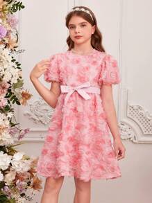 SHEIN Leap Crew Tween Girl's Gorgeous & Bubble Sleeve Floral Embroidered Dress With Waist Belt, Spring/Summer - Pink - View 3