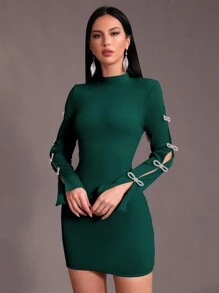 Modphy 女士暗綠色長袖鑽石蝴蝶結空心露背迷你包身束縛聚會連衣裙 - 墨綠色 - 查看 1