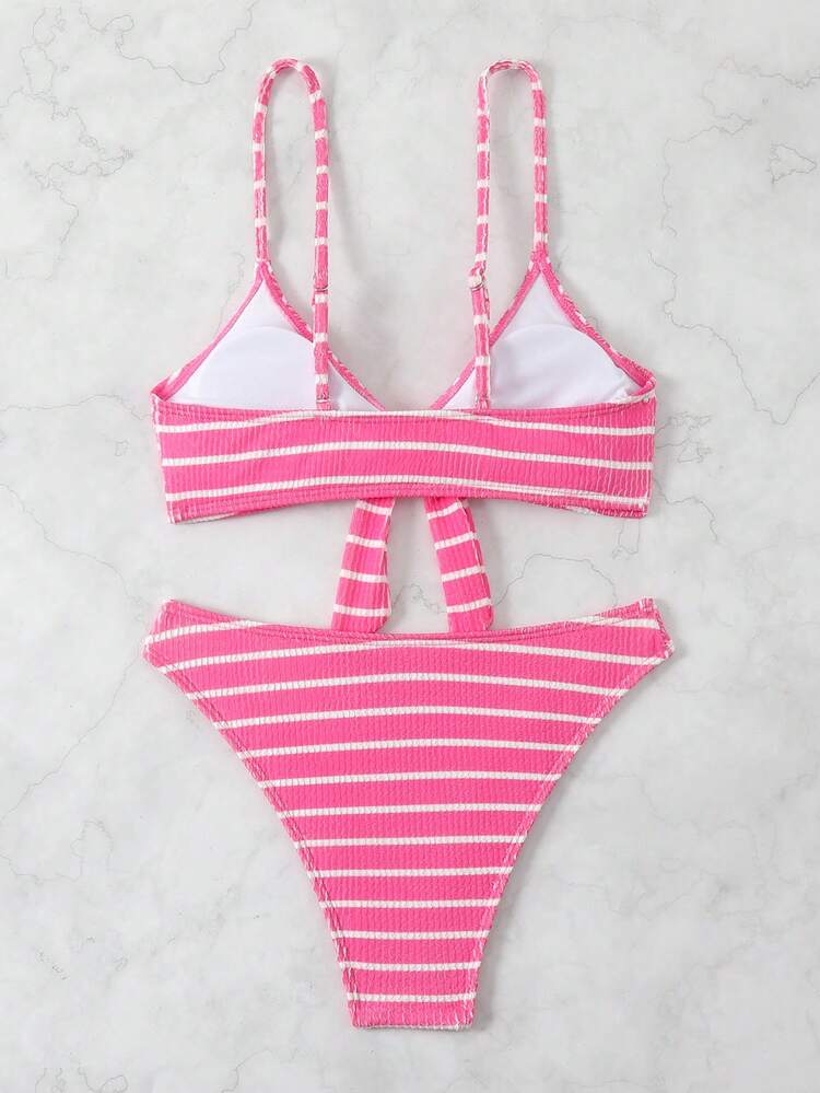 Women's Striped Printed Bralette And Bikini Bottom Set, Suitable For Pool,Summer Beach