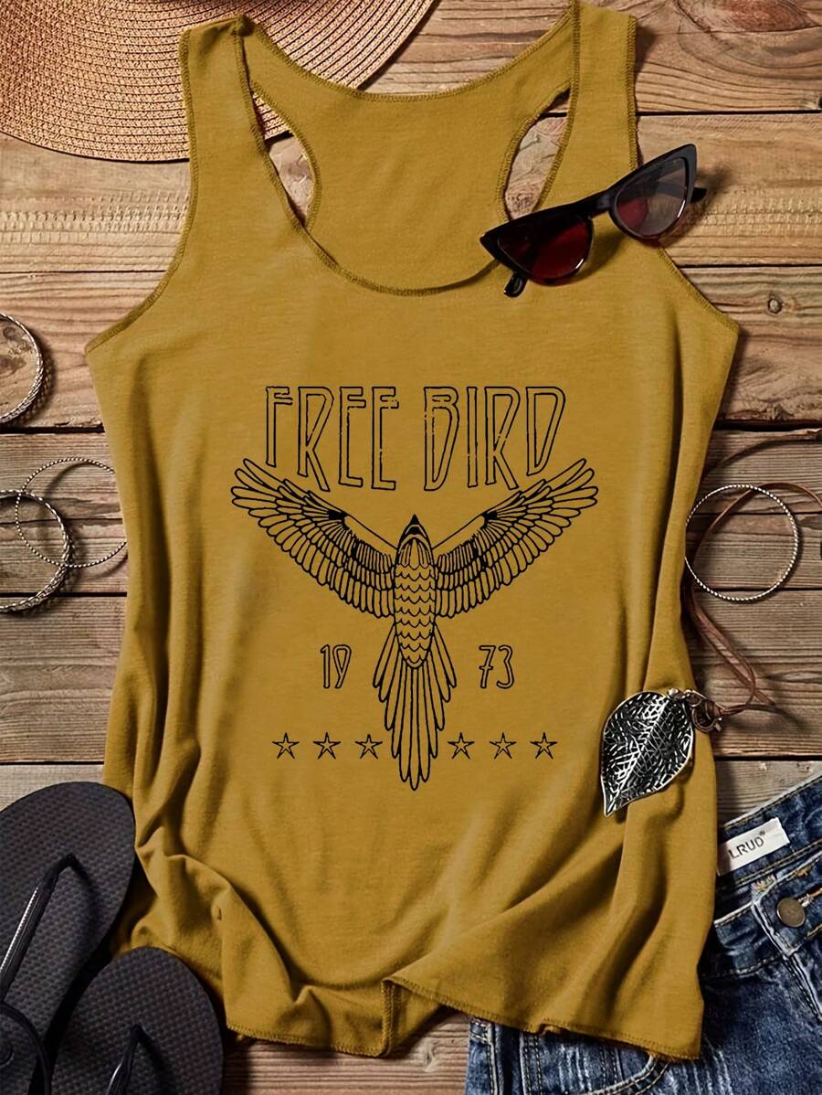 INAWLY 女士夏季休闲圆领背心，带字母鹰印花图案 T 恤女式上衣 - 黃色 - 查看 1