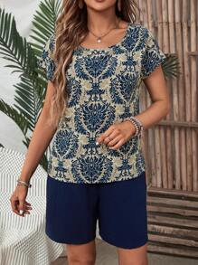 EMERY ROSE Conjunto de top de manga de murciélago con estampado y shorts con cordón en la cintura para mujer, conjunto de dos piezas para verano - Azul - Ver 7