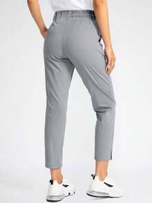 Women's Casual Comfortable Solid Color Elastic Waist Drawstring Straight Pants - Grey - View 2