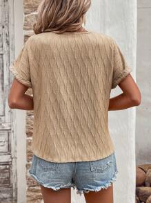SHEIN LUNE Solid Color Textured V-Neck Zipper Front Batwing Sleeve Shirt - Khaki - View 2