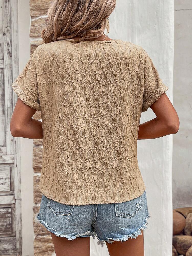 Solid Color Textured V-Neck Zipper Front Batwing Sleeve Shirt