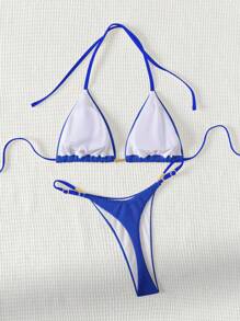 SHEIN Swim 夏季沙灘露背三角杯比基尼套裝 - 寶藍色 - 查看 2
