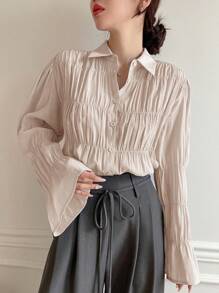 DAZY Chemise longue pour femmes à manches longues et à manches longues à col en plis de couleur unie pour le printemps/été - Nude - Voir 1