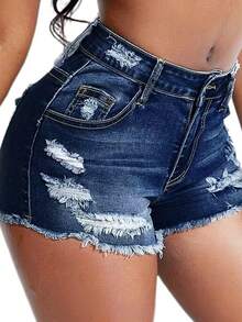 中腰修身弹力短裤 - 破洞毛边裤脚，展现时尚休闲夏季风格 - 藍色 - 查看 3