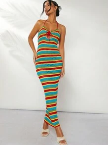 Hauture Women's Summer Colorful Striped Tie Front Hollow Out Halter Neck Cover Up Dress