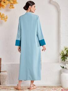 Al Najma Women's Glitter Embroidery Patchwork Notched Dress With Slit Kaftan Jalabiya Dress - Blue - View 2