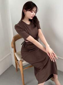 FRIFUL 泡泡袖镂空腰长裙太阳裙 - 棕色 - 查看 8