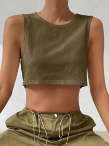 Muchica Áo crop top cổ tròn màu trơn mùa hè cho nữ - xanh quân đội - Xem 7