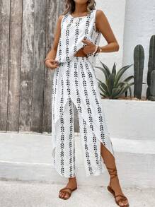 EMERY ROSE Women's Summer Holiday Style Geometric Print Round Neck Tank Top And Wrap Long Pants Casual Set - Black and White - View 3