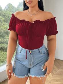 Flirla Plus Size Solid Color Off-Shoulder Frill Trim Chest Pleated Tie Knot T-Shirt - Burgundy - View 4
