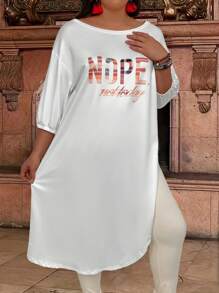 Calvaya Plus Size Loose Fit Long T-Shirt With Letter Print - White - View 3