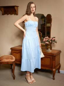 GENKIRA 女士簡約日常胸前褶皺背心裙 - 淺藍色 - 查看 8