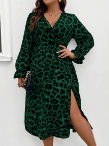 Celure Plus Size Da Báo Surplice Cổ Tay Loe Váy xẻ cao - Màu xanh lá cây đậm - Xem 1