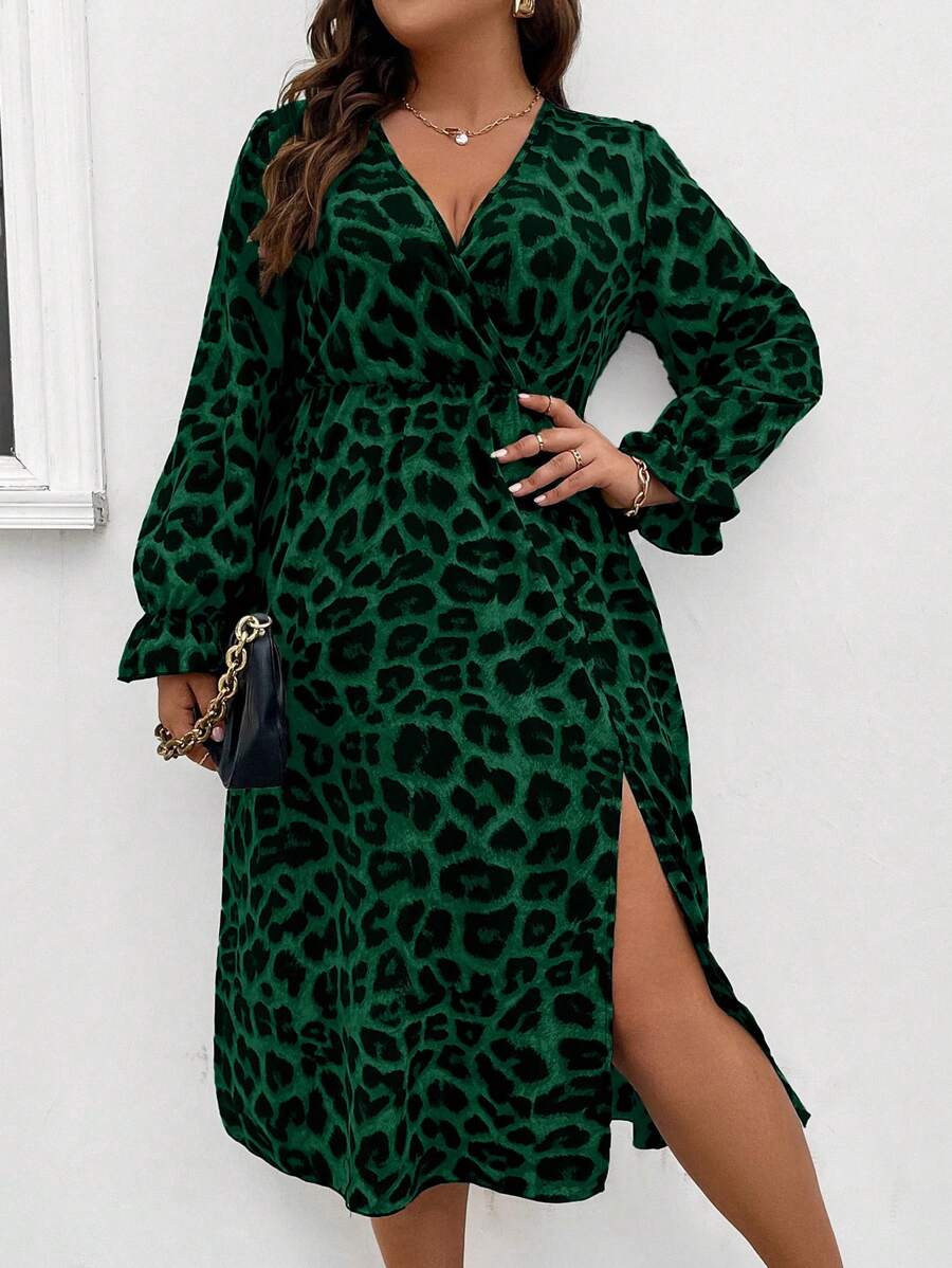 Celure Plus Size Da Báo Surplice Cổ Tay Loe Váy xẻ cao - Màu xanh lá cây đậm - Xem 1