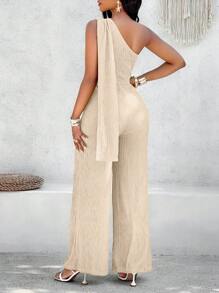 Zolique Solid Color Asymmetrical Neck Tie Waist Wide Leg Jumpsuit For Spring/Summer - Apricot - View 2