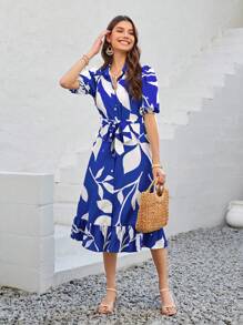 Aveloria Modichic Ladies Summer Vacation Random Botanical Print Dress Vacation Outfits Woman  - Blue - View 5