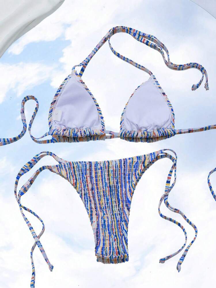 Women's Striped Halter Neck Tie Two-Piece Bikini Set Summer Beach