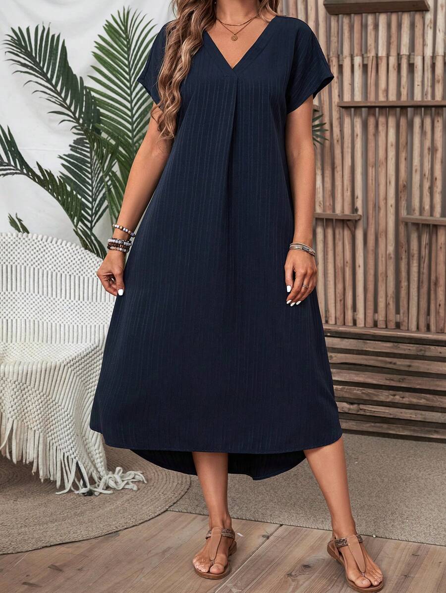EMERY ROSE Solid Color V-Neck Batwing Sleeve Hi-Low Hem Summer Dress Long Dress Maxi Women Dresses